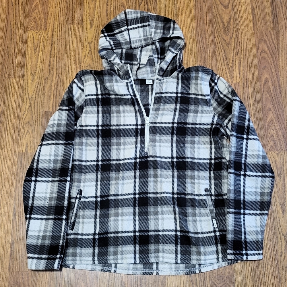 Men’s O’Neill Black & White Plaid Hooded Quarter-Zip Pullover Large Fleece C38